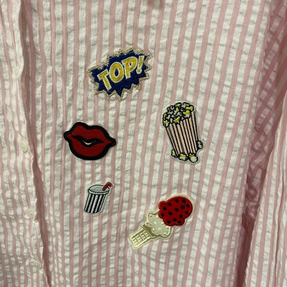 Zara Basic Pink White Striped Seersucker Patch High Low Button Down Shirt XL